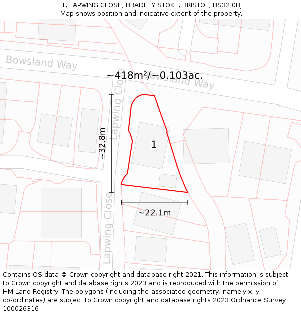 1, LAPWING CLOSE, BRADLEY STOKE, BRISTOL, BS32 0BJ: Plot and title map
