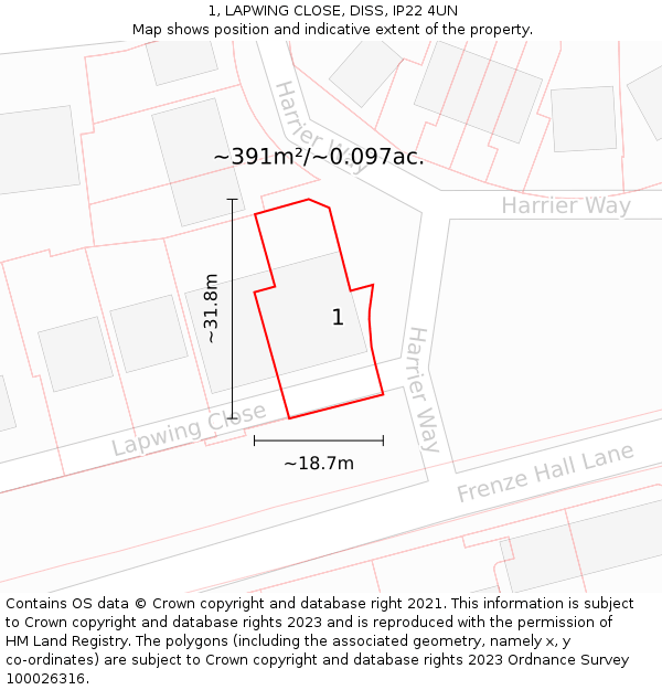 1, LAPWING CLOSE, DISS, IP22 4UN: Plot and title map