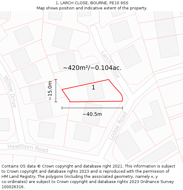 1, LARCH CLOSE, BOURNE, PE10 9SS: Plot and title map