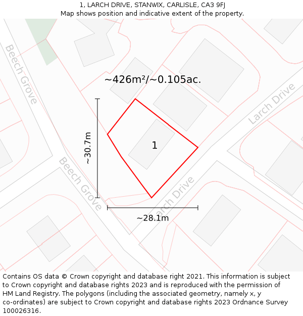 1, LARCH DRIVE, STANWIX, CARLISLE, CA3 9FJ: Plot and title map