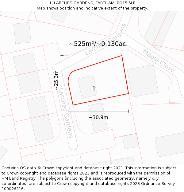 1, LARCHES GARDENS, FAREHAM, PO15 5LR: Plot and title map
