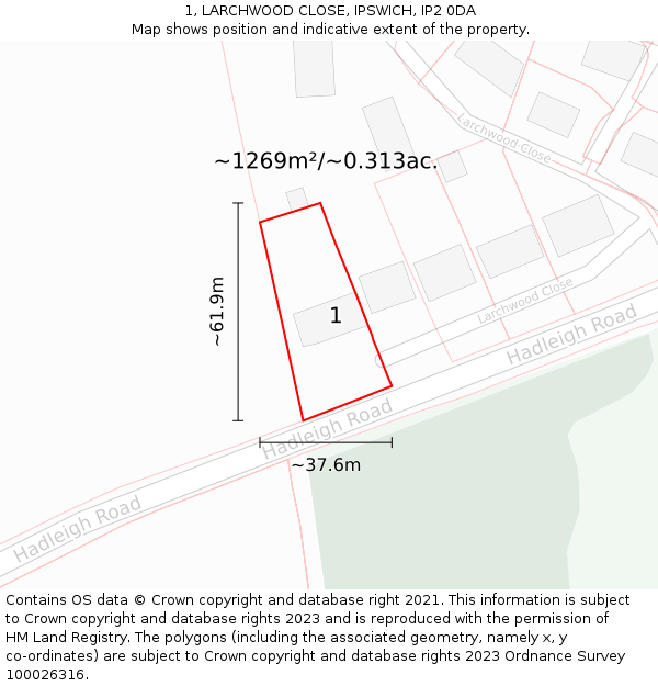 1, LARCHWOOD CLOSE, IPSWICH, IP2 0DA: Plot and title map