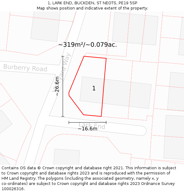 1, LARK END, BUCKDEN, ST NEOTS, PE19 5SP: Plot and title map