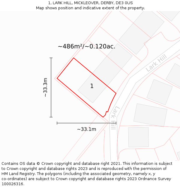 1, LARK HILL, MICKLEOVER, DERBY, DE3 0US: Plot and title map
