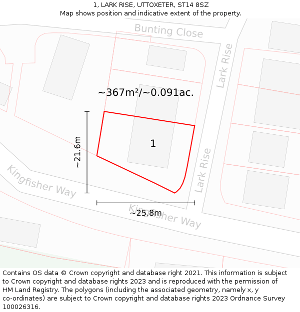 1, LARK RISE, UTTOXETER, ST14 8SZ: Plot and title map