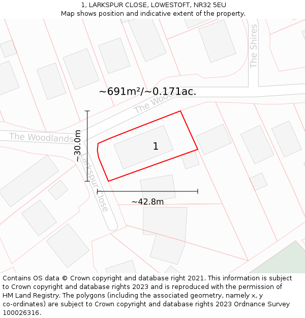 1, LARKSPUR CLOSE, LOWESTOFT, NR32 5EU: Plot and title map