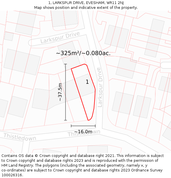 1, LARKSPUR DRIVE, EVESHAM, WR11 2NJ: Plot and title map