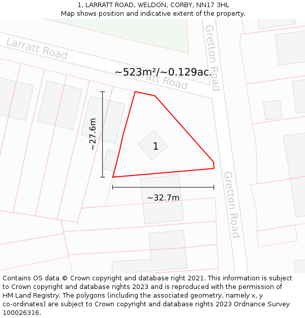 1, LARRATT ROAD, WELDON, CORBY, NN17 3HL: Plot and title map