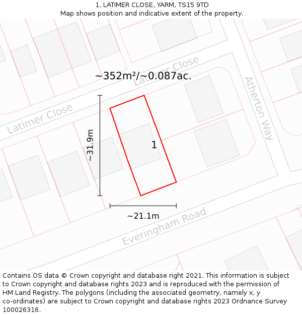 1, LATIMER CLOSE, YARM, TS15 9TD: Plot and title map