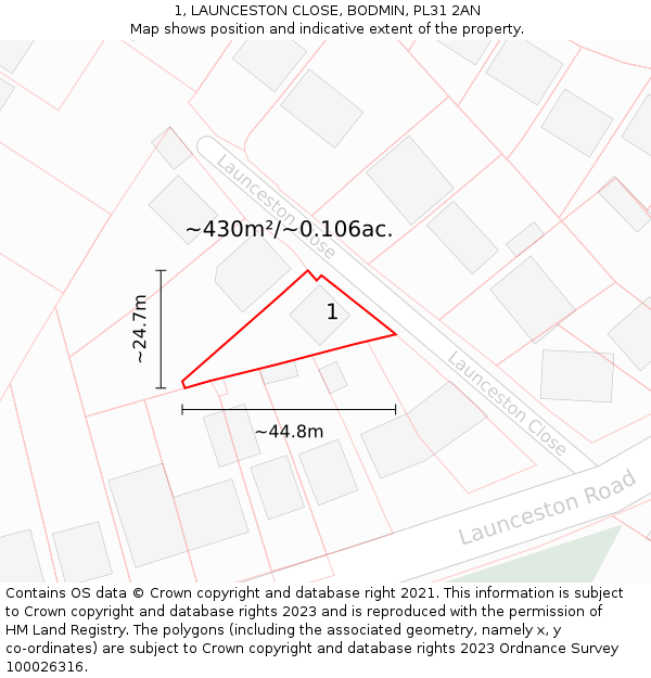 1, LAUNCESTON CLOSE, BODMIN, PL31 2AN: Plot and title map