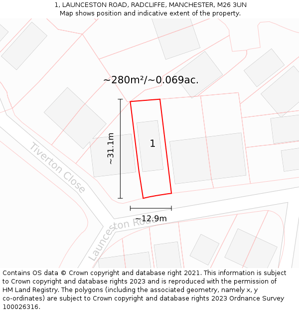 1, LAUNCESTON ROAD, RADCLIFFE, MANCHESTER, M26 3UN: Plot and title map