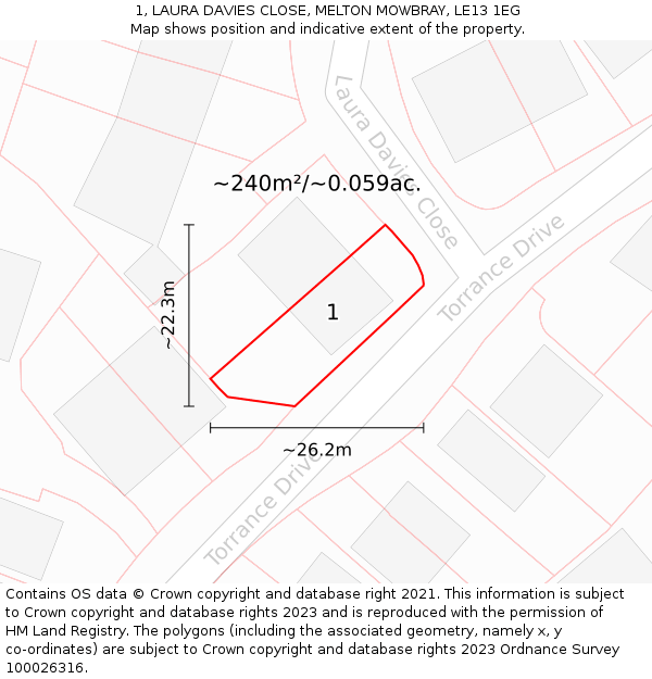 1, LAURA DAVIES CLOSE, MELTON MOWBRAY, LE13 1EG: Plot and title map