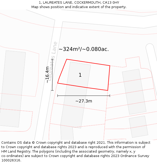 1, LAUREATES LANE, COCKERMOUTH, CA13 0HY: Plot and title map