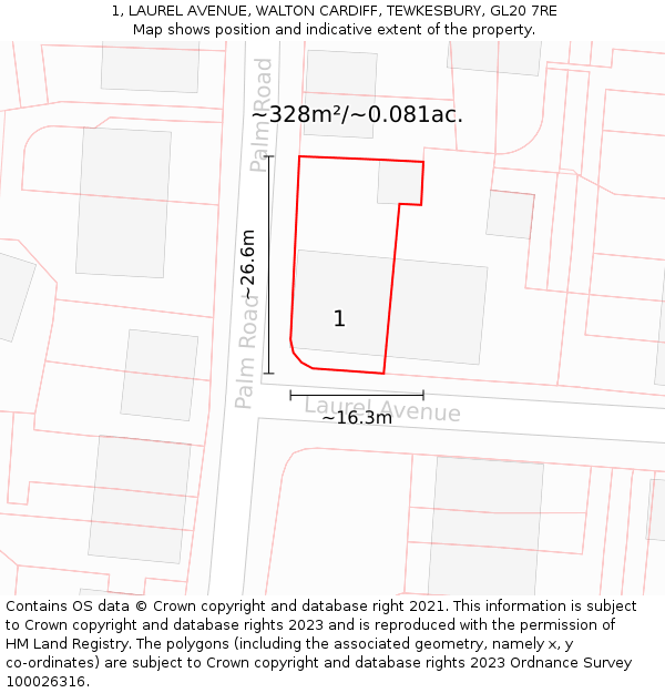 1, LAUREL AVENUE, WALTON CARDIFF, TEWKESBURY, GL20 7RE: Plot and title map