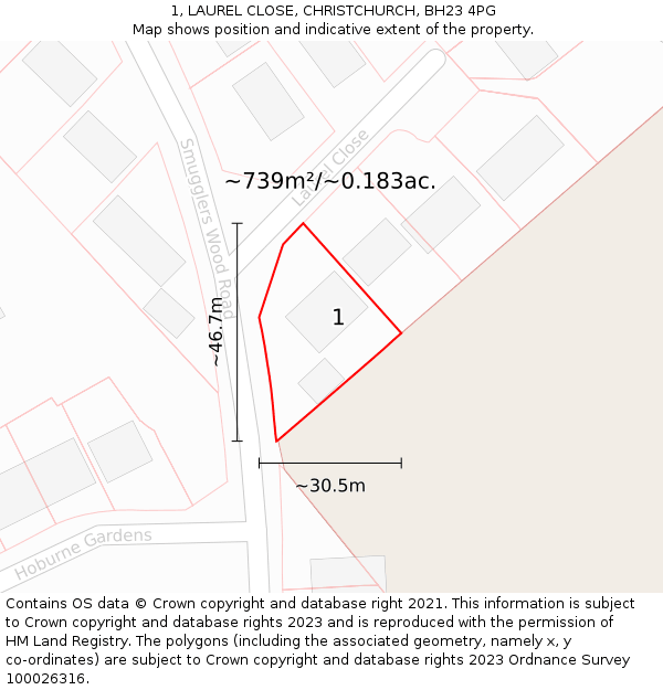 1, LAUREL CLOSE, CHRISTCHURCH, BH23 4PG: Plot and title map