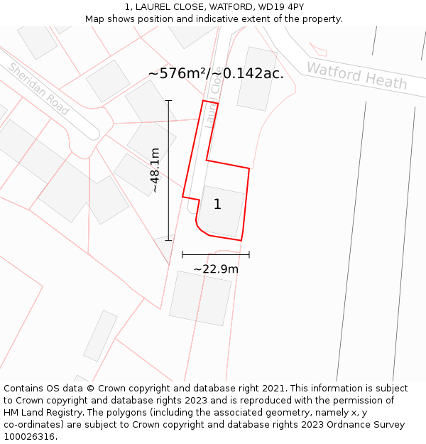 1, LAUREL CLOSE, WATFORD, WD19 4PY: Plot and title map