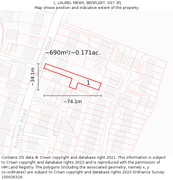 1, LAUREL MEWS, BENFLEET, SS7 3FJ: Plot and title map