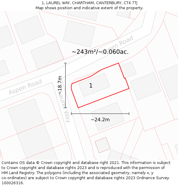 1, LAUREL WAY, CHARTHAM, CANTERBURY, CT4 7TJ: Plot and title map