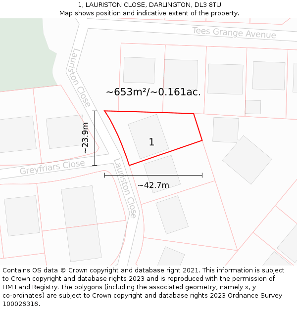 1, LAURISTON CLOSE, DARLINGTON, DL3 8TU: Plot and title map