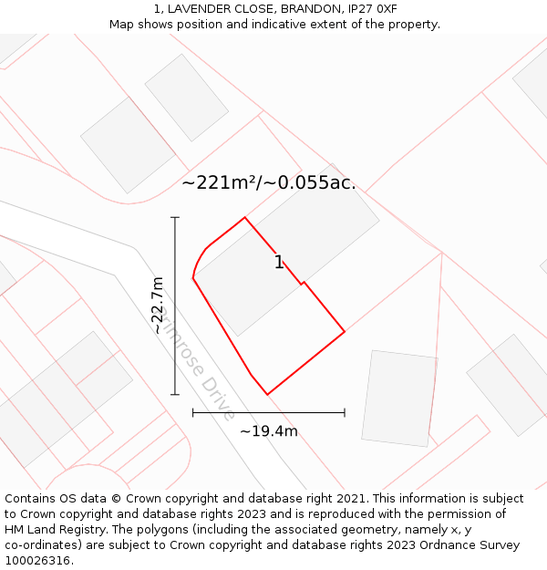 1, LAVENDER CLOSE, BRANDON, IP27 0XF: Plot and title map