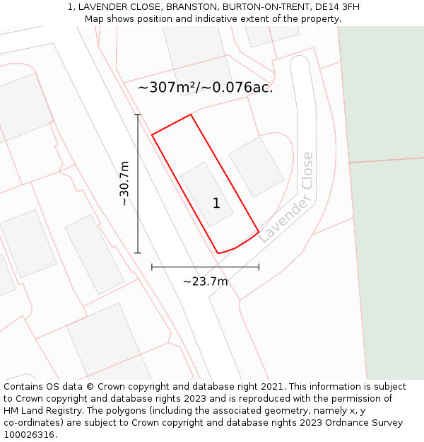 1, LAVENDER CLOSE, BRANSTON, BURTON-ON-TRENT, DE14 3FH: Plot and title map