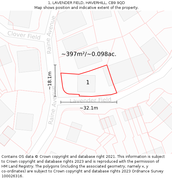 1, LAVENDER FIELD, HAVERHILL, CB9 9QD: Plot and title map