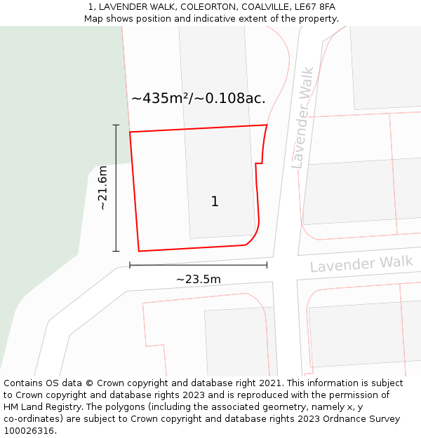 1, LAVENDER WALK, COLEORTON, COALVILLE, LE67 8FA: Plot and title map