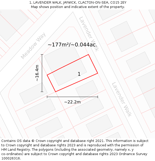 1, LAVENDER WALK, JAYWICK, CLACTON-ON-SEA, CO15 2EY: Plot and title map
