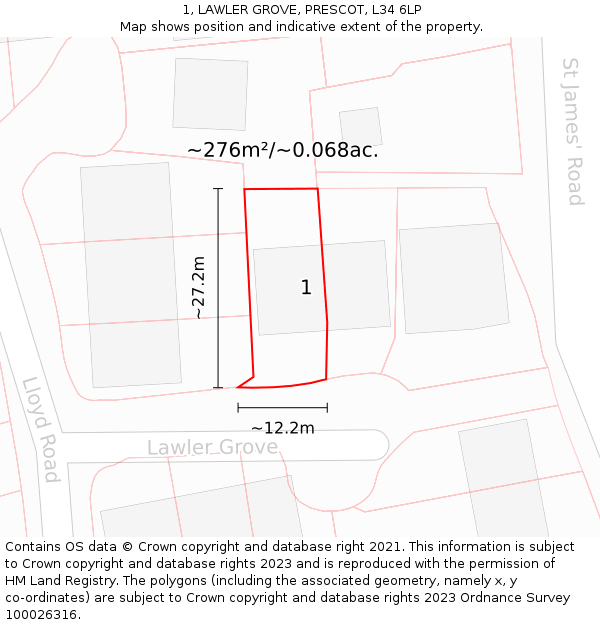1, LAWLER GROVE, PRESCOT, L34 6LP: Plot and title map