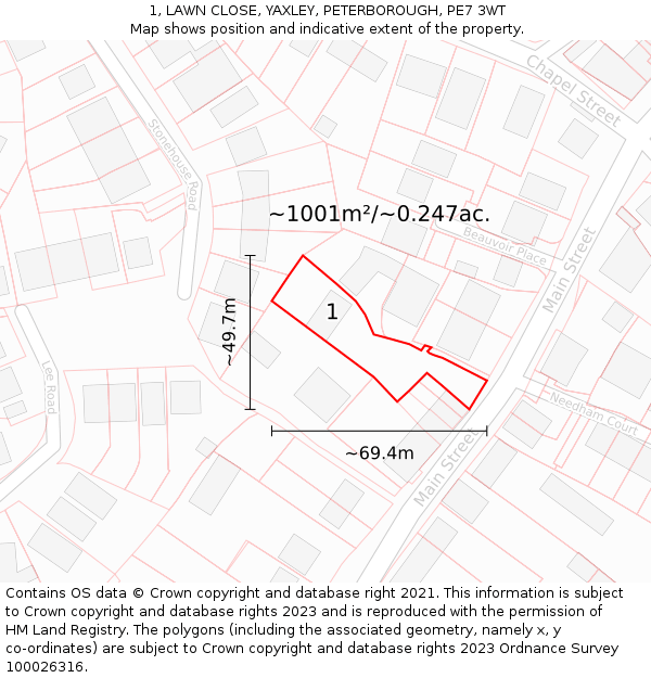 1, LAWN CLOSE, YAXLEY, PETERBOROUGH, PE7 3WT: Plot and title map