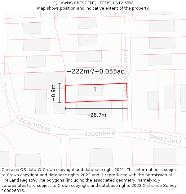 1, LAWNS CRESCENT, LEEDS, LS12 5RW: Plot and title map