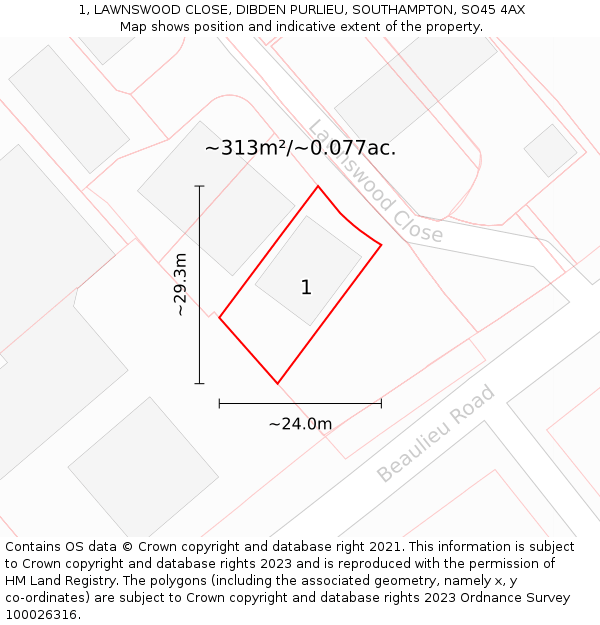 1, LAWNSWOOD CLOSE, DIBDEN PURLIEU, SOUTHAMPTON, SO45 4AX: Plot and title map