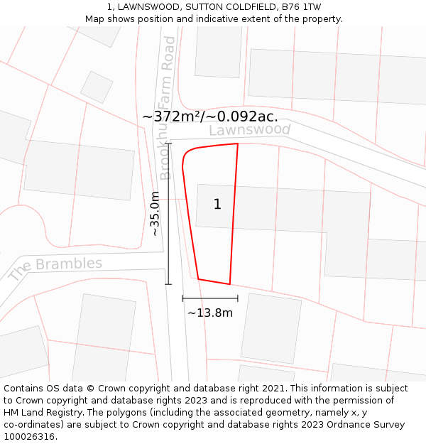 1, LAWNSWOOD, SUTTON COLDFIELD, B76 1TW: Plot and title map