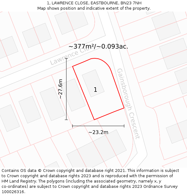 1, LAWRENCE CLOSE, EASTBOURNE, BN23 7NH: Plot and title map