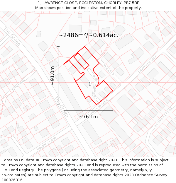 1, LAWRENCE CLOSE, ECCLESTON, CHORLEY, PR7 5BF: Plot and title map