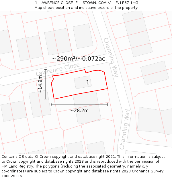 1, LAWRENCE CLOSE, ELLISTOWN, COALVILLE, LE67 1HG: Plot and title map