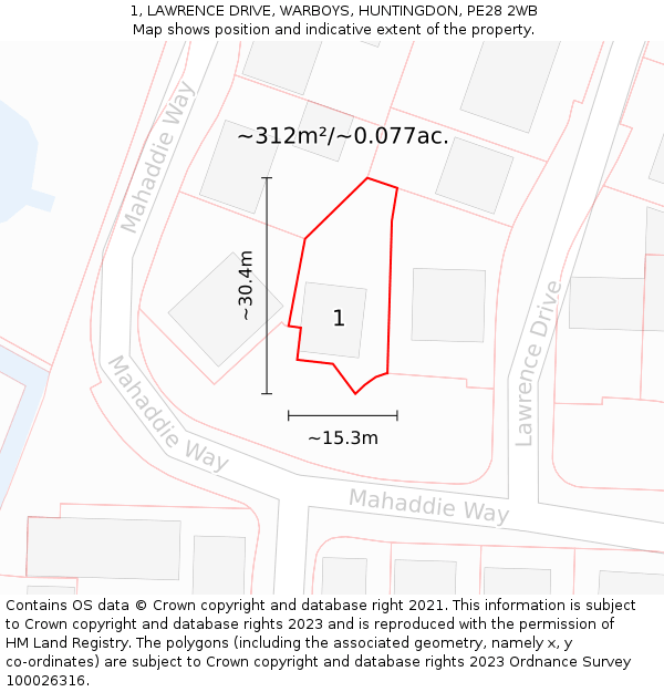 1, LAWRENCE DRIVE, WARBOYS, HUNTINGDON, PE28 2WB: Plot and title map