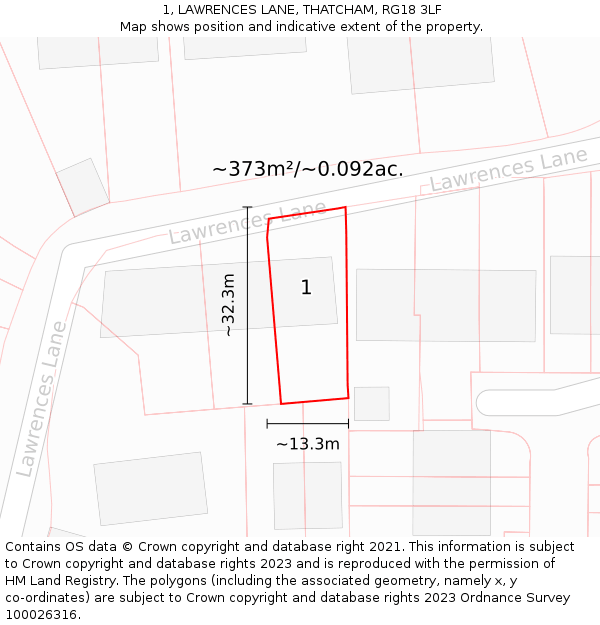 1, LAWRENCES LANE, THATCHAM, RG18 3LF: Plot and title map