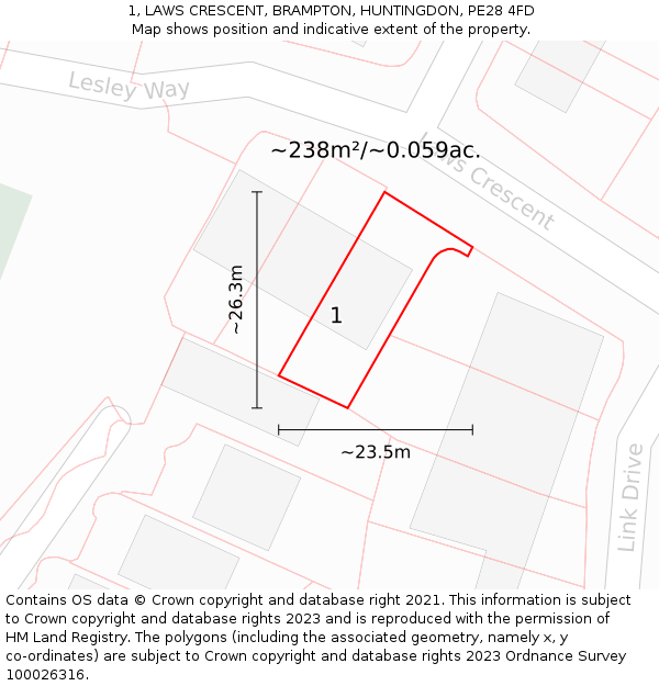 1, LAWS CRESCENT, BRAMPTON, HUNTINGDON, PE28 4FD: Plot and title map