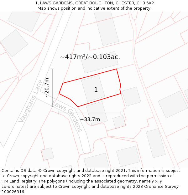 1, LAWS GARDENS, GREAT BOUGHTON, CHESTER, CH3 5XP: Plot and title map