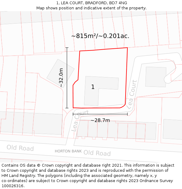 1, LEA COURT, BRADFORD, BD7 4NG: Plot and title map