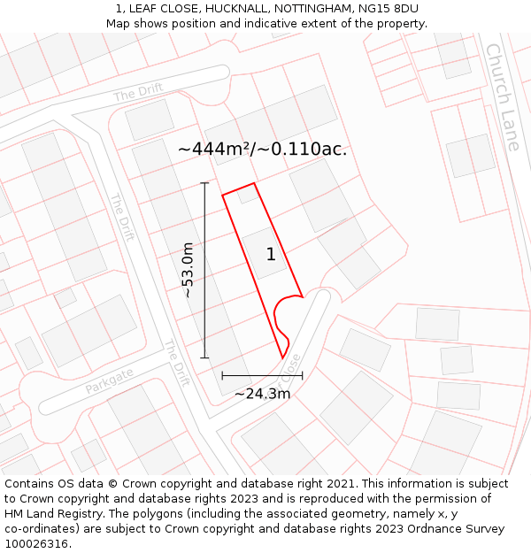 1, LEAF CLOSE, HUCKNALL, NOTTINGHAM, NG15 8DU: Plot and title map