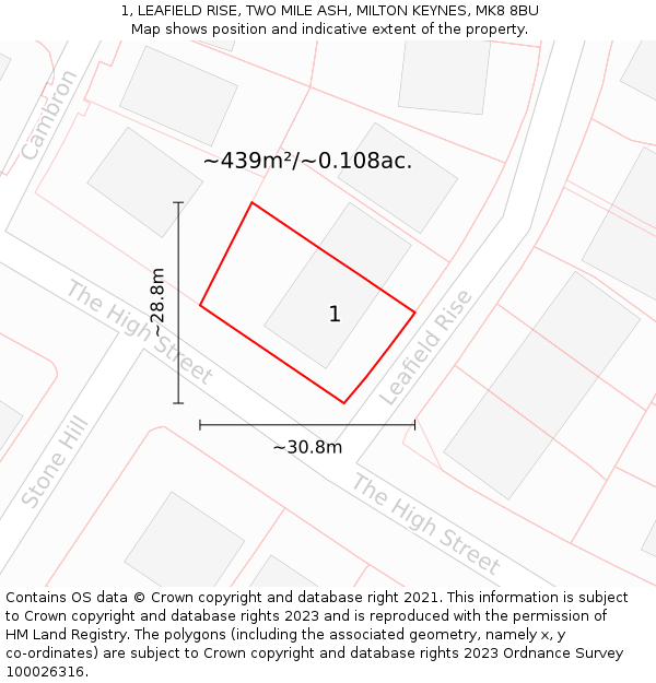 1, LEAFIELD RISE, TWO MILE ASH, MILTON KEYNES, MK8 8BU: Plot and title map