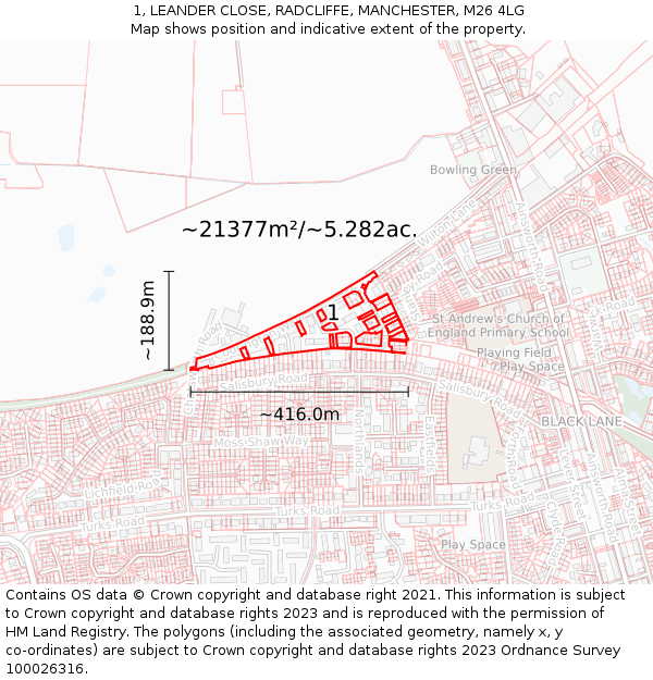 1, LEANDER CLOSE, RADCLIFFE, MANCHESTER, M26 4LG: Plot and title map