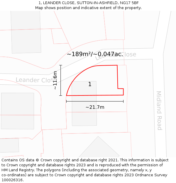 1, LEANDER CLOSE, SUTTON-IN-ASHFIELD, NG17 5BF: Plot and title map