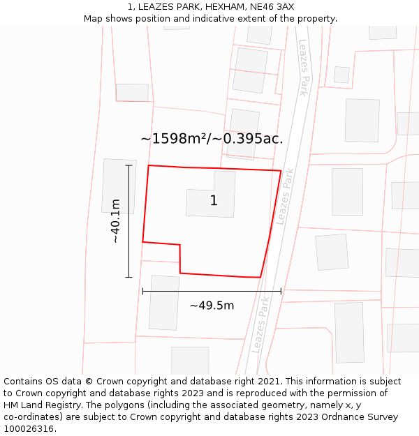 1, LEAZES PARK, HEXHAM, NE46 3AX: Plot and title map