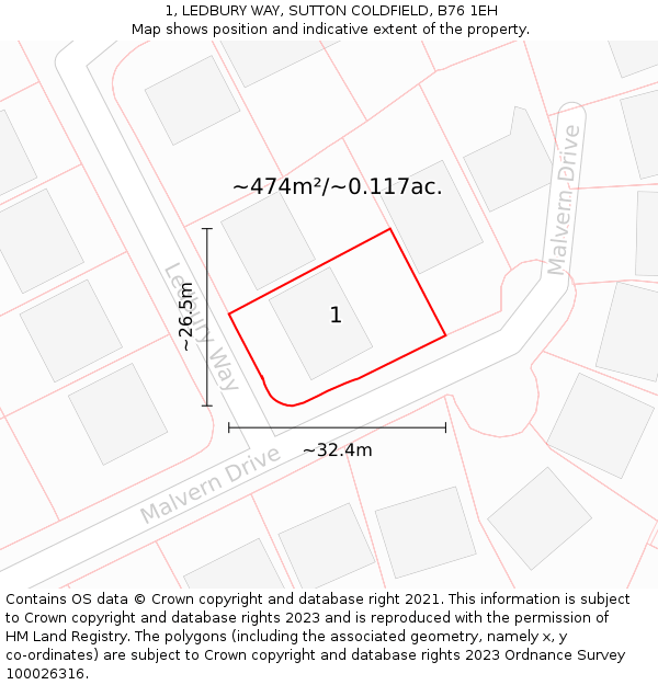 1, LEDBURY WAY, SUTTON COLDFIELD, B76 1EH: Plot and title map
