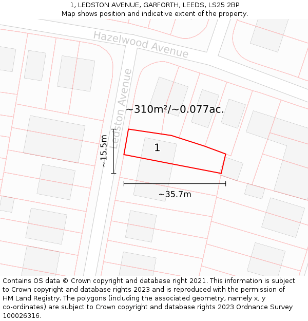 1, LEDSTON AVENUE, GARFORTH, LEEDS, LS25 2BP: Plot and title map