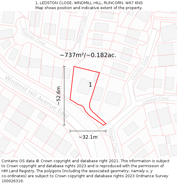 1, LEDSTON CLOSE, WINDMILL HILL, RUNCORN, WA7 6NS: Plot and title map