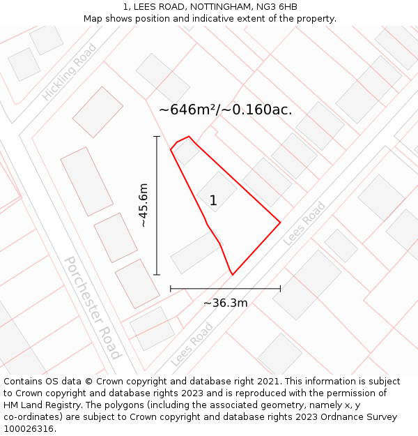 1, LEES ROAD, NOTTINGHAM, NG3 6HB: Plot and title map